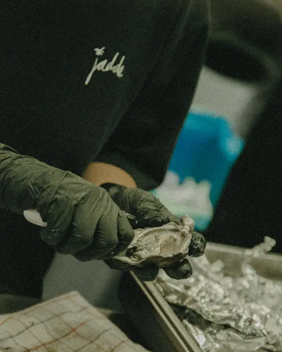 Handen in zwarte handschoenen openen een oester, met het Jadda-logo op het shirt erachter
