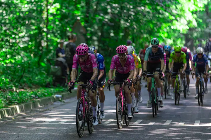Twee renners in roze rijden voorop terwijl het peloton door het groen van de Zevenheuvelen klimt